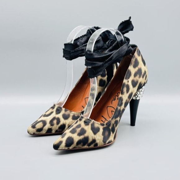 Lanvin x H&M Leopard Print Rhinestone Ribbon Wrap Heels - Size 5 / EUR 36 - Picture 4 of 8